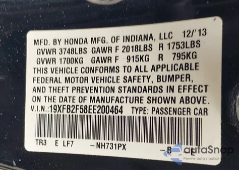 2014 Honda Civic Lx z USA, uszkodzony, nr VIN 19XFB2F58EE200464